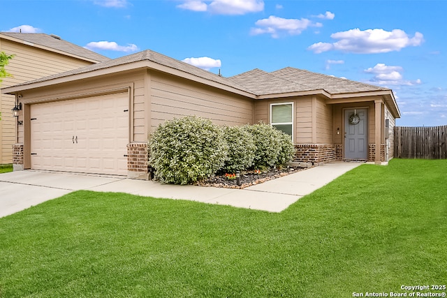 7603 Capstone, San Antonio, TX 78244 - ranch-style home featuring a garage, brick siding, fence, a front lawn, and concrete driveway