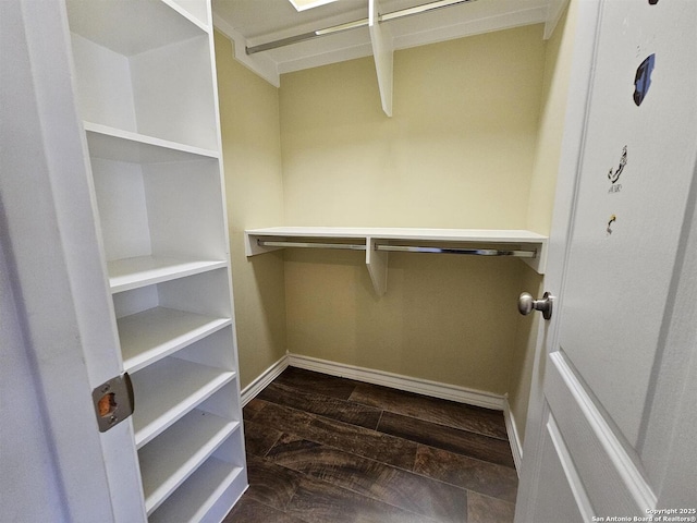 spacious closet with dark wood-style flooring