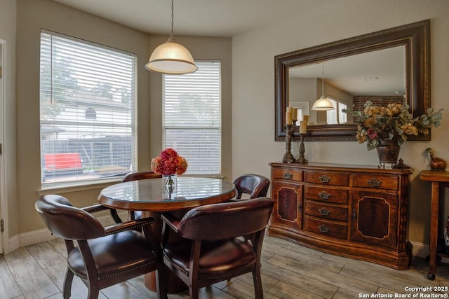 dining space featuring a healthy amount of sunlight, baseboards, and light wood finished floors