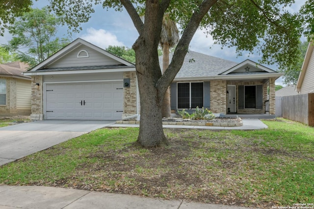 ranch-style house with a garage, fence, brick siding, a shingled roof, and concrete driveway
