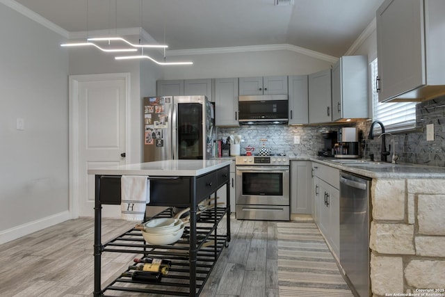 kitchen with a sink, light countertops, stainless steel appliances, backsplash, and gray cabinetry