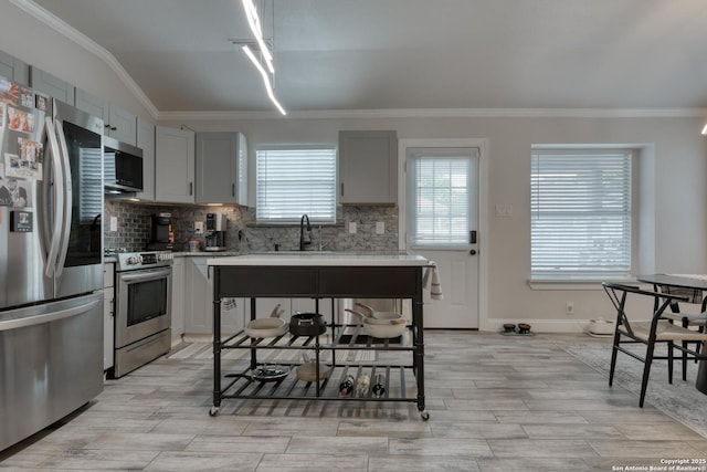 kitchen with ornamental molding, decorative backsplash, and appliances with stainless steel finishes
