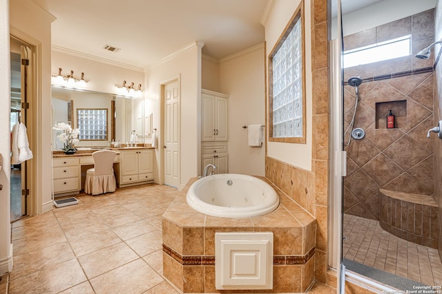 full bathroom featuring visible vents, crown molding, vanity, a whirlpool tub, and tiled shower