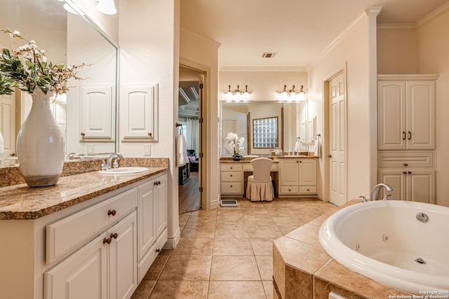 full bathroom featuring visible vents, two vanities, a sink, a whirlpool tub, and ornamental molding