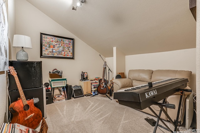 interior space featuring carpet floors and lofted ceiling