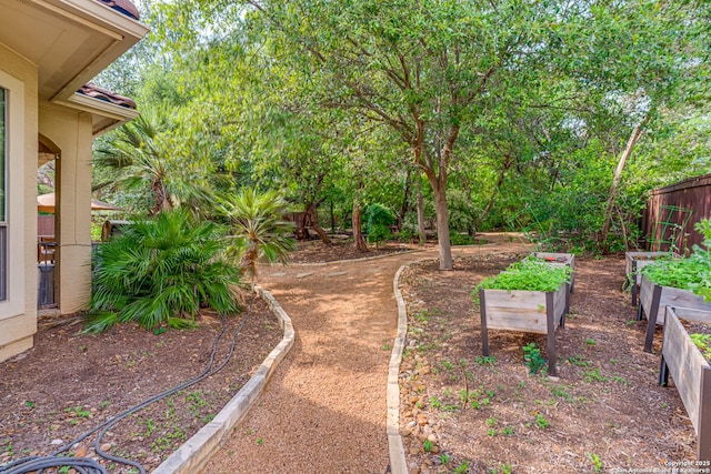 view of yard with fence and a garden