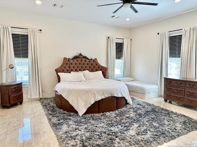 bedroom featuring visible vents, recessed lighting, and ceiling fan