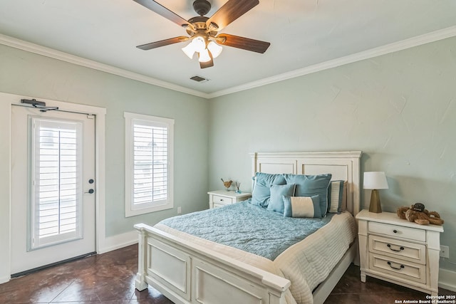 bedroom featuring baseboards, visible vents, ornamental molding, and ceiling fan