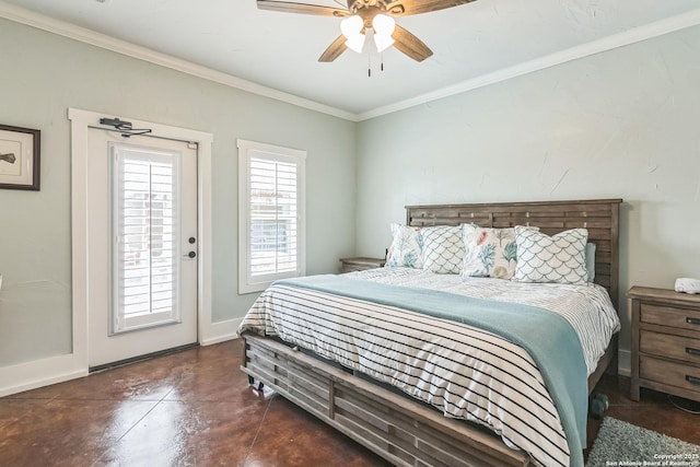bedroom featuring baseboards, ornamental molding, a ceiling fan, and finished concrete floors