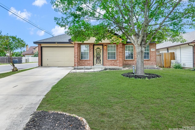ranch-style home with fence, an attached garage, driveway, and a front lawn