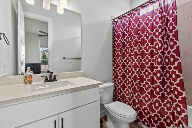 bathroom with toilet, curtained shower, and vanity
