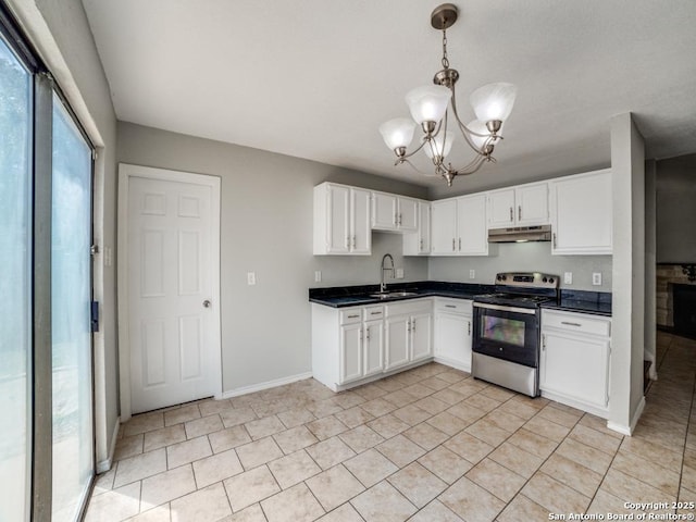 kitchen with stainless steel electric range, an inviting chandelier, dark countertops, and a sink