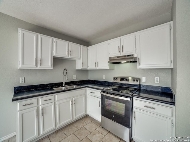 kitchen featuring a sink, white cabinets, under cabinet range hood, and stainless steel range with electric stovetop
