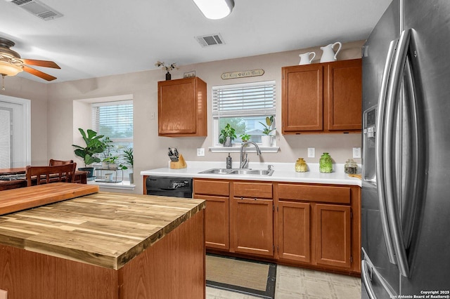 kitchen with visible vents, stainless steel fridge with ice dispenser, a sink, wood counters, and dishwasher