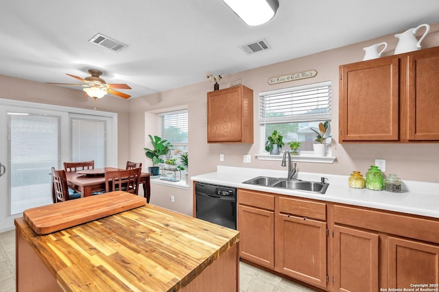 kitchen featuring visible vents, a sink, wood counters, and dishwasher