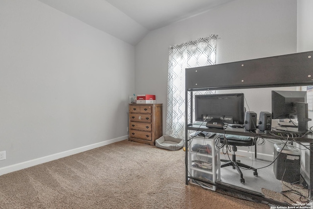 home office featuring baseboards, carpet flooring, and lofted ceiling