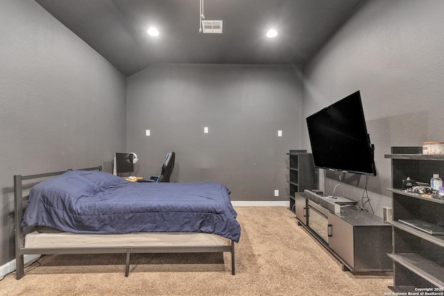 bedroom featuring visible vents, recessed lighting, baseboards, and light colored carpet