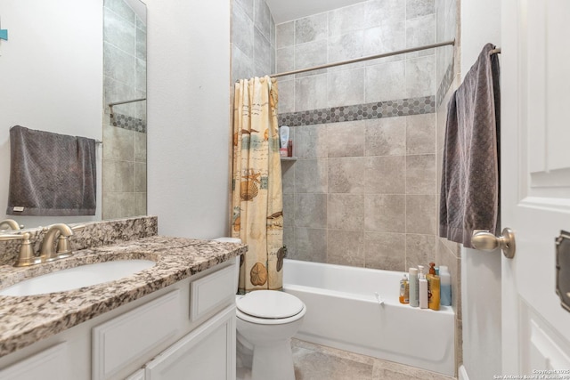 bathroom featuring shower / bath combo with shower curtain, toilet, and vanity