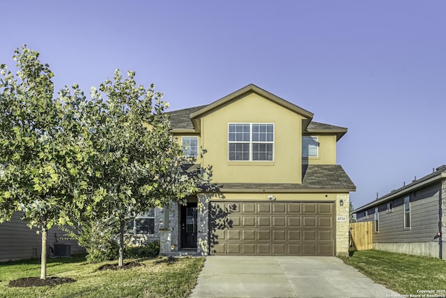 view of front of home featuring driveway, a garage, central air condition unit, fence, and stucco siding