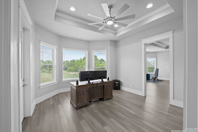 office space with ceiling fan, crown molding, a raised ceiling, baseboards, and light wood-style flooring