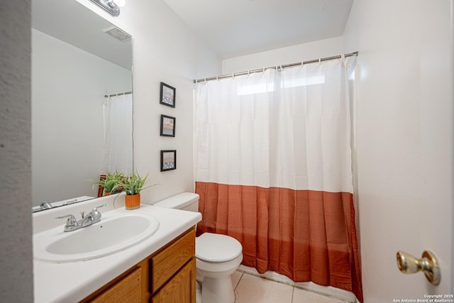 full bathroom with tile patterned floors, vanity, toilet, and visible vents