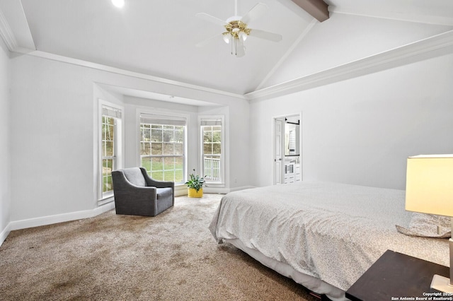 bedroom with beam ceiling, high vaulted ceiling, carpet, a ceiling fan, and baseboards