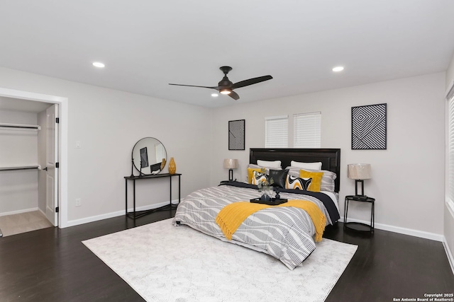 bedroom with recessed lighting, baseboards, a ceiling fan, and dark wood-type flooring