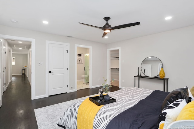 bedroom with recessed lighting, baseboards, dark wood-style floors, and visible vents