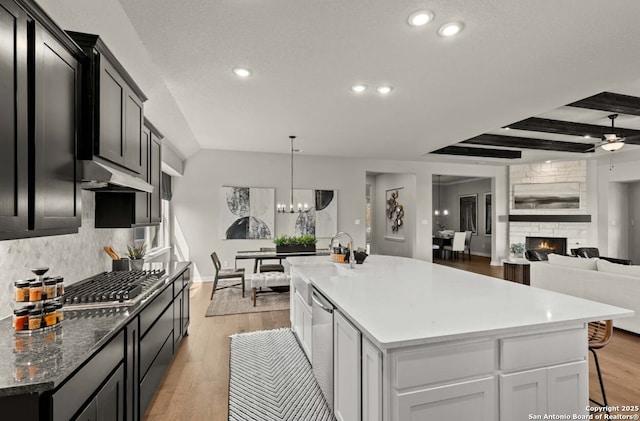 kitchen featuring a center island with sink, under cabinet range hood, tasteful backsplash, light wood finished floors, and appliances with stainless steel finishes