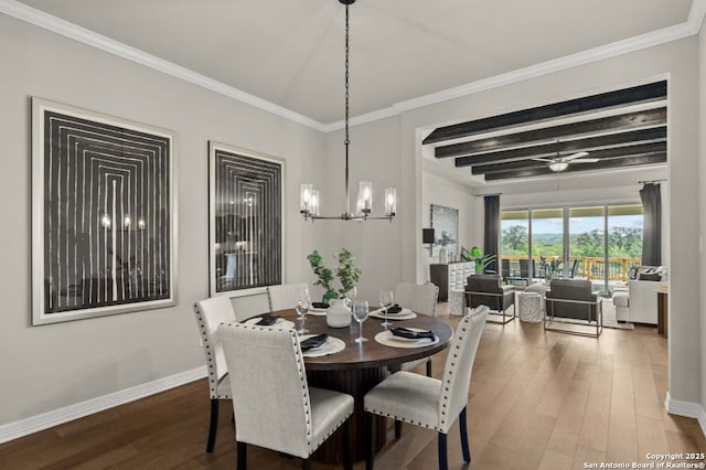 dining area featuring ornamental molding, beamed ceiling, baseboards, hardwood / wood-style flooring, and ceiling fan with notable chandelier