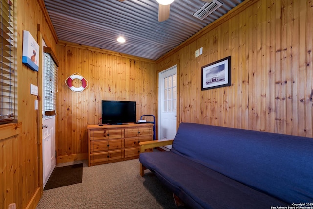 132 Clearview, Canyon Lake, TX 78133 - carpeted bedroom with wood walls and visible vents