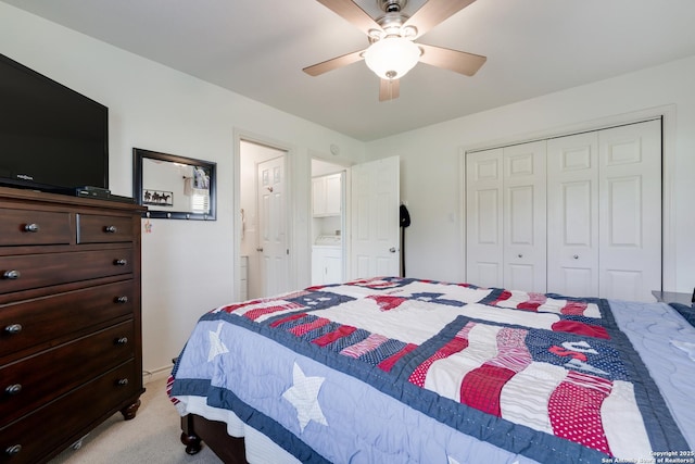 132 Clearview, Canyon Lake, TX 78133 - bedroom with a closet, ceiling fan, light colored carpet, washer and clothes dryer, and connected bathroom