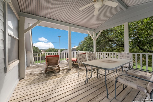 132 Clearview, Canyon Lake, TX 78133 - wooden terrace with outdoor dining area and ceiling fan