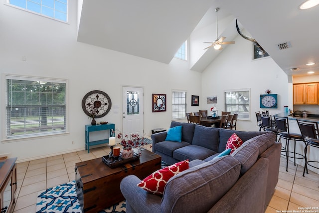 132 Clearview, Canyon Lake, TX 78133 - living room with ceiling fan, light tile patterned floors, a healthy amount of sunlight, and high vaulted ceiling