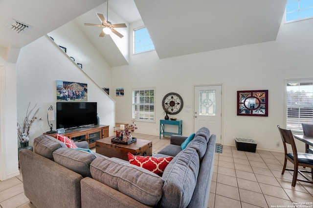 132 Clearview, Canyon Lake, TX 78133 - living area featuring a ceiling fan, high vaulted ceiling, a healthy amount of sunlight, and light tile patterned floors