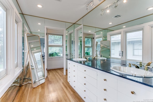 bathroom featuring double vanity, visible vents, rail lighting, wood finished floors, and a sink