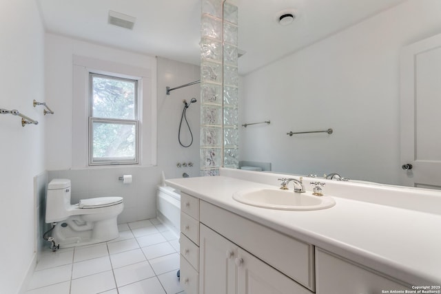 bathroom featuring tile patterned flooring, vanity, toilet,  shower combination, and visible vents