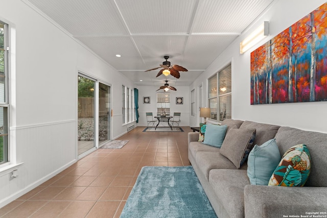 tiled living area with recessed lighting, ceiling fan, visible vents, and plenty of natural light