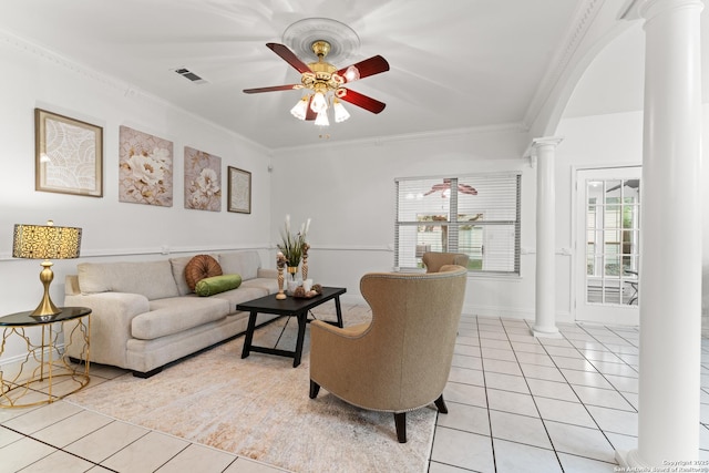 living room with ornate columns, a ceiling fan, light tile patterned floors, and visible vents