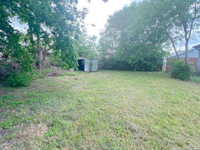 view of yard with fence, an outbuilding, and a storage unit