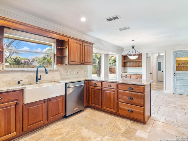 105 Sheffield, San Antonio, TX 78213 - kitchen featuring open shelves, dishwasher, a sink, ornamental molding, and stone tile flooring