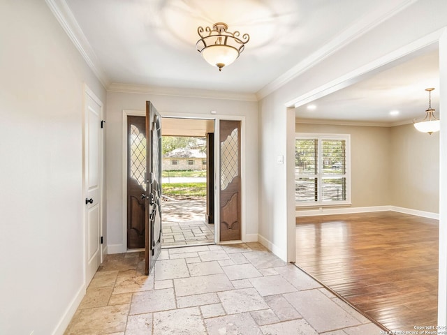 105 Sheffield, San Antonio, TX 78213 - entrance foyer with baseboards, ornamental molding, and stone tile flooring
