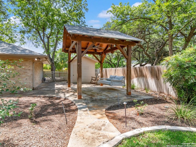 105 Sheffield, San Antonio, TX 78213 - fenced backyard with a gazebo, a storage shed, a patio, an outdoor structure, and an outdoor living space