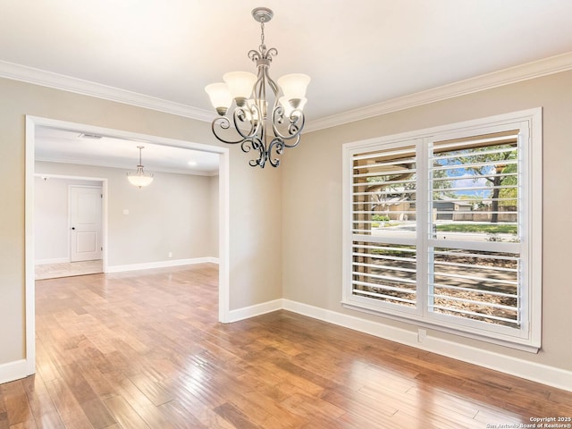 105 Sheffield, San Antonio, TX 78213 - spare room featuring crown molding, a chandelier, light wood finished floors, and baseboards