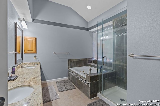 17926 Autumn Knl, San Antonio, TX 78258 - full bathroom with a sink, tile patterned flooring, a stall shower, and vaulted ceiling