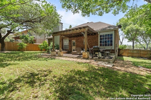 17926 Autumn Knl, San Antonio, TX 78258 - rear view of property with a yard, a patio, a pergola, and a fenced backyard