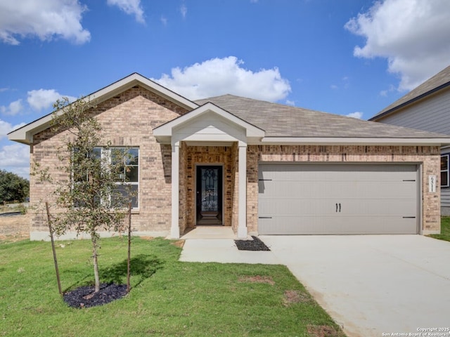 ranch-style home with brick siding, a garage, and driveway