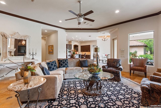 living area featuring crown molding, recessed lighting, and ceiling fan