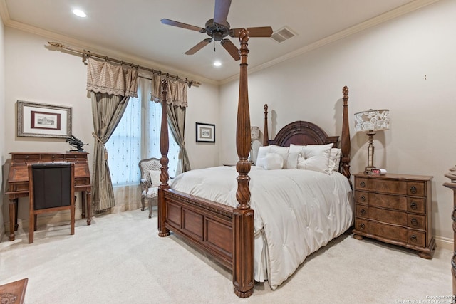 bedroom with visible vents, ornamental molding, light carpet, recessed lighting, and a ceiling fan
