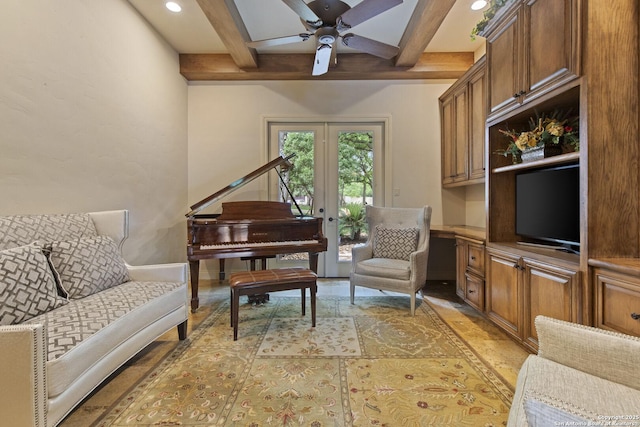living area with baseboards, recessed lighting, ceiling fan, and beam ceiling